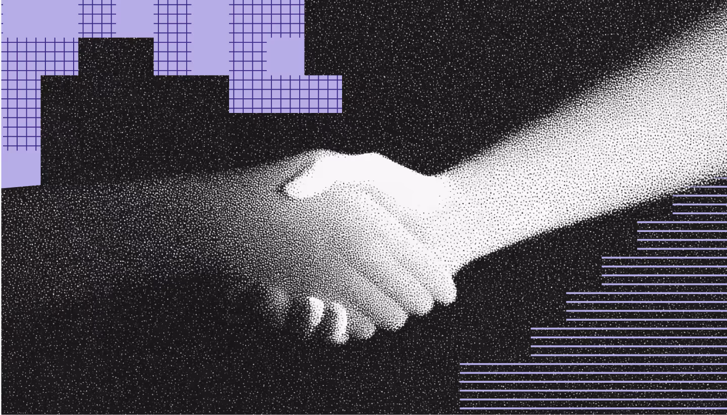 Black and white dot patterned illustration of two hands shaking, with purple grid and line graphic elements in the background.